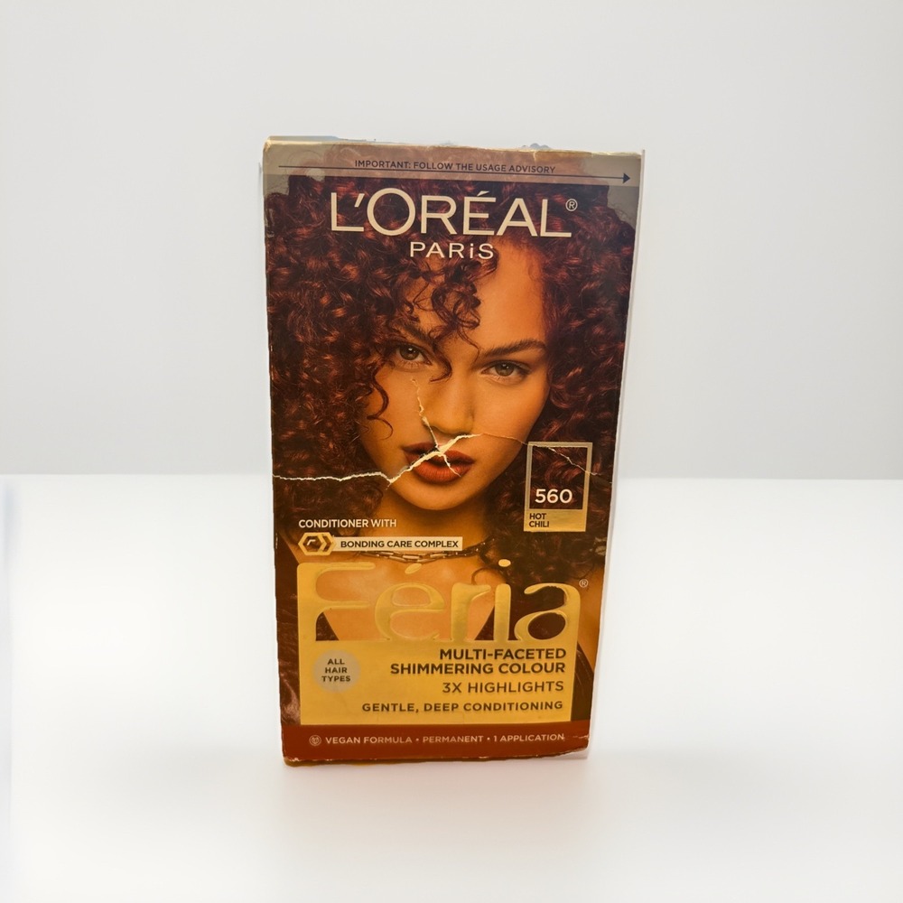 NIB L'OREAL PARIS FERIA SHIMMERING COLOR PERMANENT, HOT CHILI #560 Damaged Box
